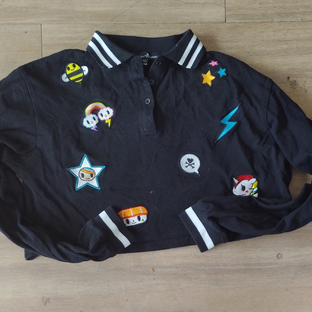Black Dolls Kill Tokidoki Polo Shirt with Fun Patches Goth
